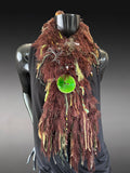 Green Brown knit fur scarf with glazed button, boho style, elfin style