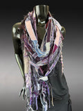 Boho neutral fiber fringe scarf with upcycled fabric and art yarn In rich purple maroon