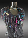 Hand knit avant garde cowl with clasp, Fringed shoulder wrap