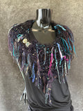 Hand knit avant garde cowl with clasp, Fringed shoulder wrap