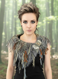 Luxury knit artisan bohemian fringe cowl with clasp, woodland elf fashion, nature inspired
