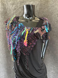 Hand knit Boho Black Rainbow Cowl with clasp, vibrant avant garde Knit Collar, Bohemian shoulder wrap