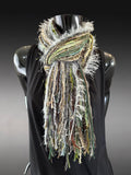 Fringe scrappy bohemian or cowgirl style scarf in olive sage beige