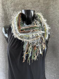 Fringe scrappy bohemian or cowgirl style scarf in olive sage beige