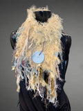 Hand Knit scarf with oversized button, Golden silky Fur Boho Art Scarf, Scarf with fringe, tan blue knit scarf