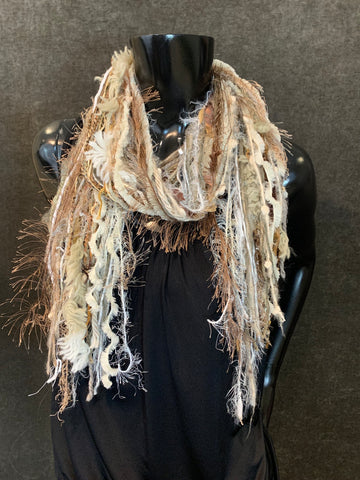 Fringie art Yarn bohemian style Scarf, ivory luxury art yarn Scarf, fur fringe scarf, boho fashion, fiber necklace, indie scarf