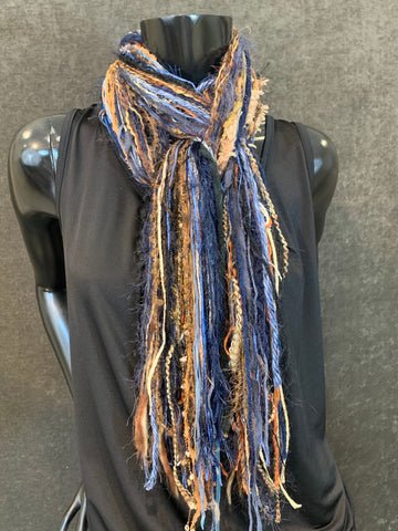 Fringie Yarn Scarf, Blue Rust Tan handmade Scarf, boho fashion scarf, petite funky scarf, yarn feather scarf