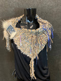 Luxury knit artisan fringe cowl with snaps, Indie capulet, bohemian inspired fashion, handmade shoulder wrap cream with blue purple