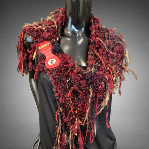 Hand knit burgundy black Boho Cowl with fringe, clasp and charm, Knit Collar, neck warmer, art scarf, game of thrones collar, funky cowl