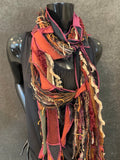 Lightweight maroon rust gold fabric plus art yarn Scarf, Shreds Fringie yarn scarf, funky refashion clothing