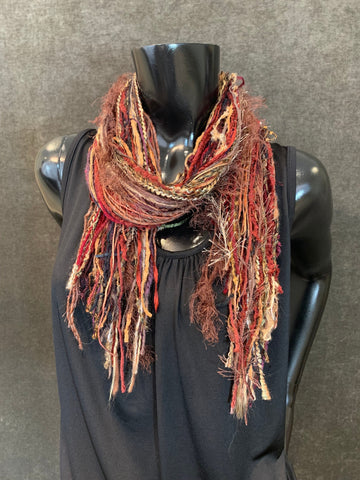 Art yarn petite Fringie Boho scarf in burgundy brown rust fall color Multitextural Bohemian or Tribal scarf, autumn color scarf, women gifts