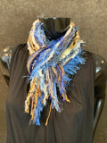 Art yarn scarf, Fringie in blue beige, Fringe knot Scarf, Multitextural fringe scarf, boho chic style, funky scarf, tribal