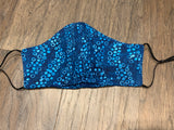 Handmade cotton blue dot batik face mask with filter pocket and nose wire, adjustable elastic