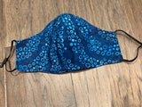 Handmade cotton blue dot batik teen size face mask with filter pocket and nose wire, adjustable elastic