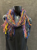 Eclectic bohemian style scarf in purple navy jewel tone , Fringe Scarf, boho chic, fantasy rainbow scarf, tribal