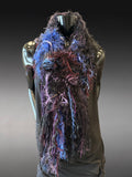 Artisan Fiber Art Scarf – Handcrafted Textured Statement Scarf in Midnight Blue, Purple & Black – Wearable Textile Art