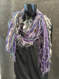 Unique handmade Boho style fringe scarf in Purple blue gray, funky scarf