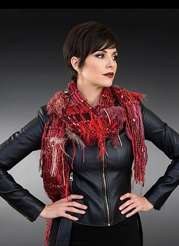Bold red blend artistic knit boho scarf, Avant garde fashion scarf