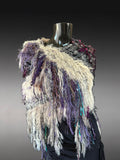 Boho Fringe Fiber Art Poncho – Handcrafted Textural Wrap in Purple Taupe, OOAK Wearable Art shawl