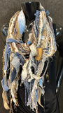 Lightweight jean blue beige Boho fabric plus art yarn Scarf, Shreds Fringie yarn scarf, fiber scarf, street style scarf, refashion