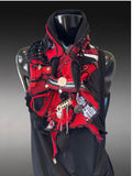 Boho couture fabric scarf, free form scarf, avant garde black red scarf