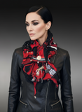 Boho couture fabric scarf, free form scarf, avant garde black red scarf