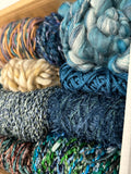 Knitting art yarn bundle, 1.5 lbs, fiber pack, weaving yarns, bulk blue green yarn gift box