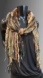 Bohemian style Fringe Scarf, Green Rust Brown handmade Scarf, boho fashion scarf, petite funky scarf, yarn feather scarf