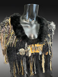 Hand knit avant garde shoulder wrap with clasp and fur collar, cosplay fashion