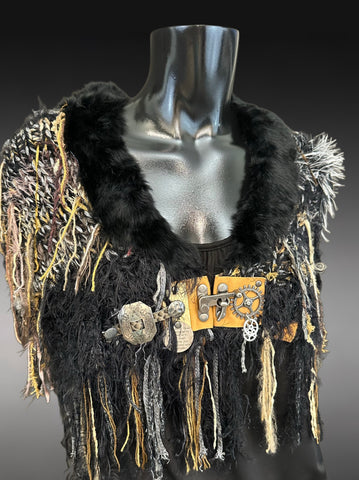 Hand knit avant garde shoulder wrap with clasp and fur collar, cosplay fashion