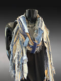 Boho blue jean Scarf, Artisan fiber fringe scarf, tribal scarves, deconstructed fashion