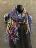 Eclectic bohemian style scarf in purple navy jewel tone , Fringe Scarf, boho chic, fantasy rainbow scarf, tribal