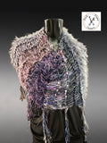 Boho Fringe Fiber Art Poncho – Handcrafted Textural Wrap in Purple Taupe, OOAK Wearable Art shawl
