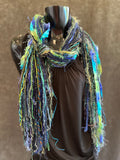 Handmade art yarn fringe scarf with art yarns , Fringie scarf in blue green purple, women gift, boho accessory, vibrant color scarf