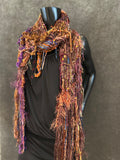 Hand knit Boho style fringed scarf in autumn shades