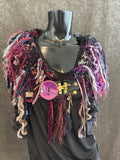 Knit bohemian fantasy black fuscia cowl with clasp closure, Viking style