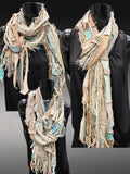 Bohemian long Boho eco-friendly Scarf, Whimsical fiber fringe scarf, tribal scarves, cream aqua fashion
