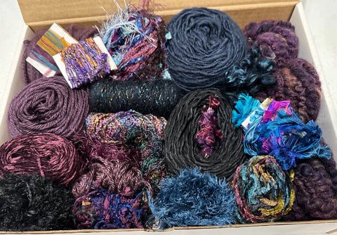 Knitting art yarn bundle, 1.5 lbs, fiber pack, weaving yarns, bulk purple blue yarn gift box