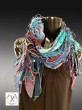 Pop culture vibrant color scarf, Artisan Boho Art Scarf – Upcycled Fabric & Fiber Statement Wrap