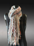Unique handmade Boho style fringe scarf in pink peach gray, funky scarf
