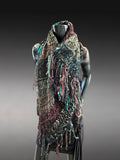 Boho artistic handmade poncho with fringe in teal green shades, statement fashion shawl