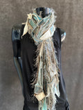 Lightweight Boho art Scarf, Shreds refashion scarf, nature inspired fashion, olive sage cream