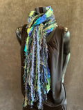 Handmade art yarn fringe scarf with art yarns , Fringie scarf in blue green purple, women gift, boho accessory, vibrant color scarf