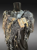 Luxury Textured Fringe Cowl with Leather Charm Detail – Wearable Art Fashion
