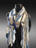 Boho blue jean Scarf, Artisan fiber fringe scarf, tribal scarves, deconstructed fashion