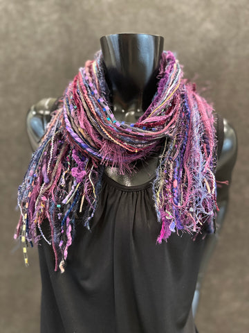 Fringie art Yarn Scarf, art Scarf in purple blue black jewel shades, indie scarf, boho accessories, short scarf