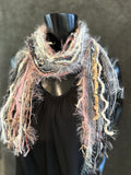 Boho Art yarn fringie scarf in gray pink whites. Bohemian fashion