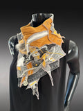 Avant Garde neck cowl scarf in mustard yellow and gray, couture boho chic scarf, upcycled fabric cowls