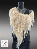 Boho style Ivory poncholette shoulder wrap, Fringed wrap with faux fur, luxury fur knit capulet