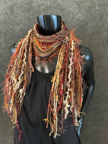 (Boho style scarf in autumn maroon rust shades, funky scarves